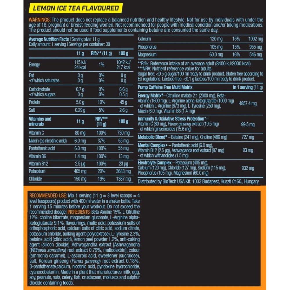 Комплекс до тренування BioTechUSA Pump Caffeine free 330 g /30 servings/ Ice Tea Lemon