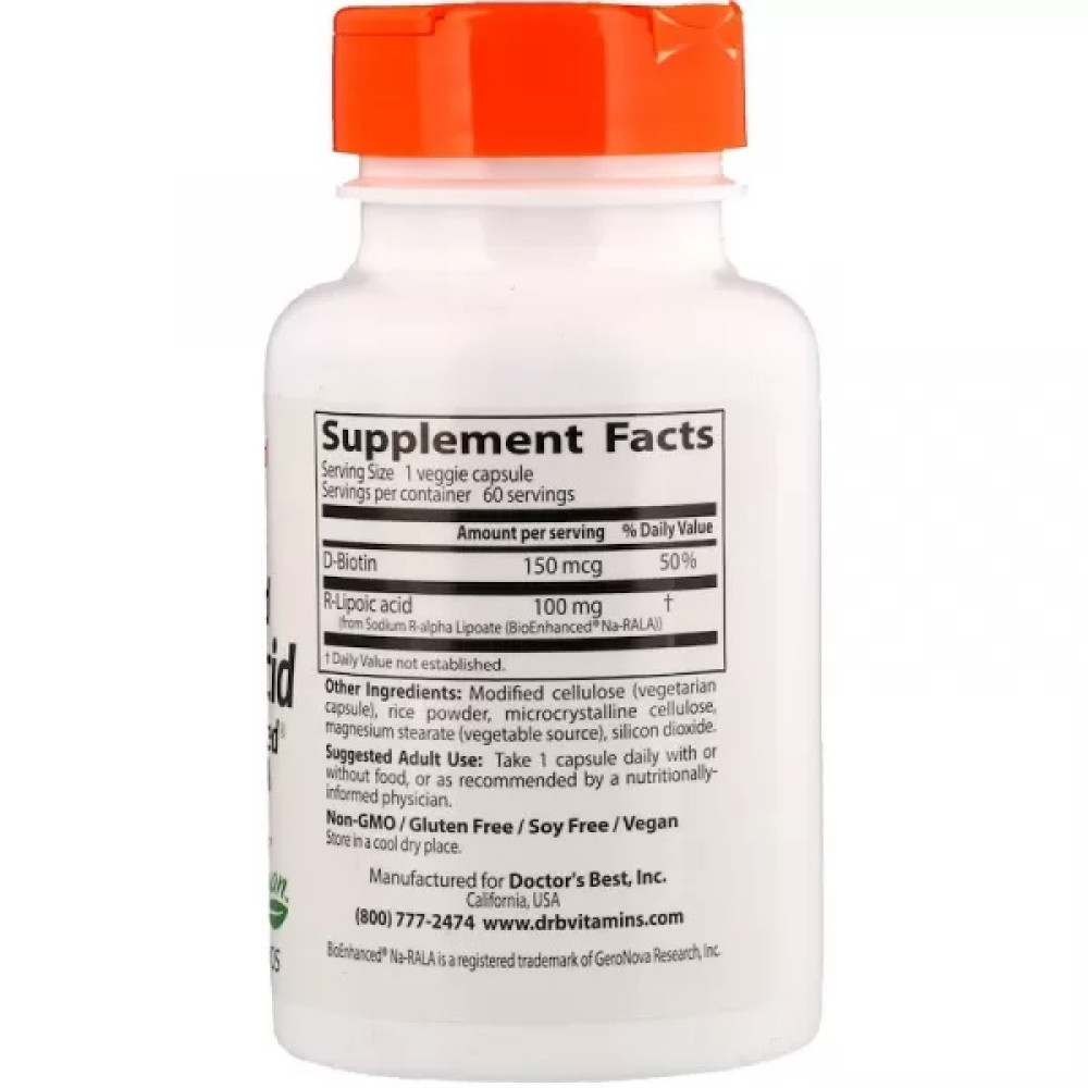 Альфа-ліпоєва кислота Doctor's Best Stabilized R-Lipoic Acid with BioEnhanced Na-RALA 100 mg 60 Caps