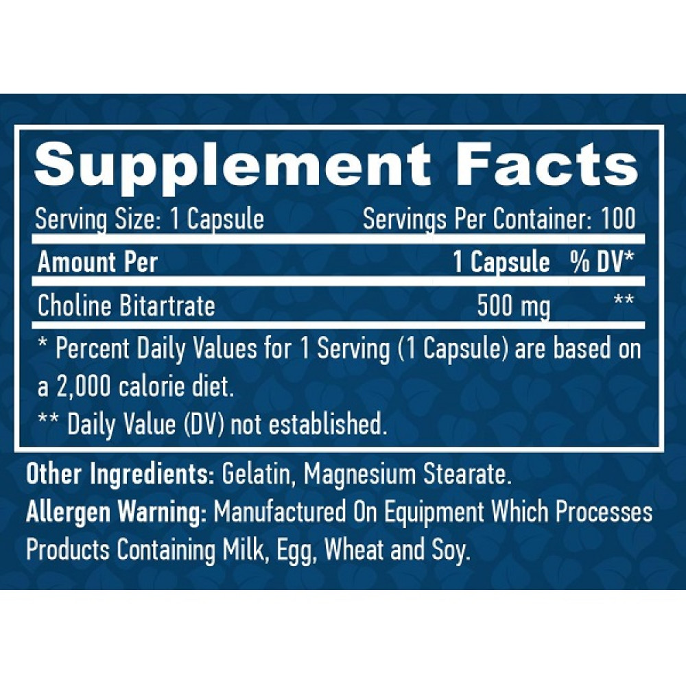 Комплекс для шкіри, волосся, нігтів Haya Labs Choline Bitartrate 500 mg 100 Caps