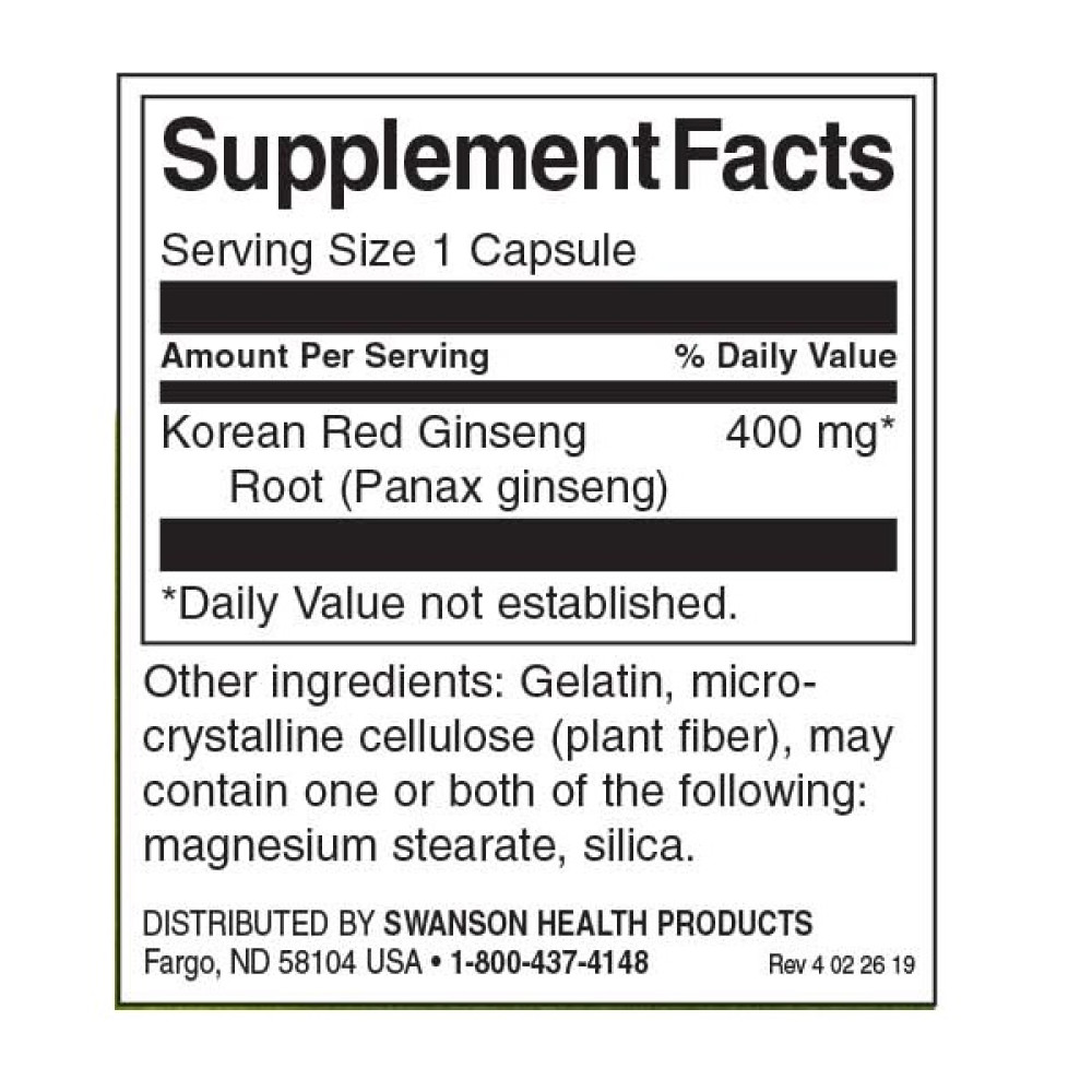 Комплекс для профілактики нервової системи Swanson Korean Red Ginseng Root 400 mg 90 Caps