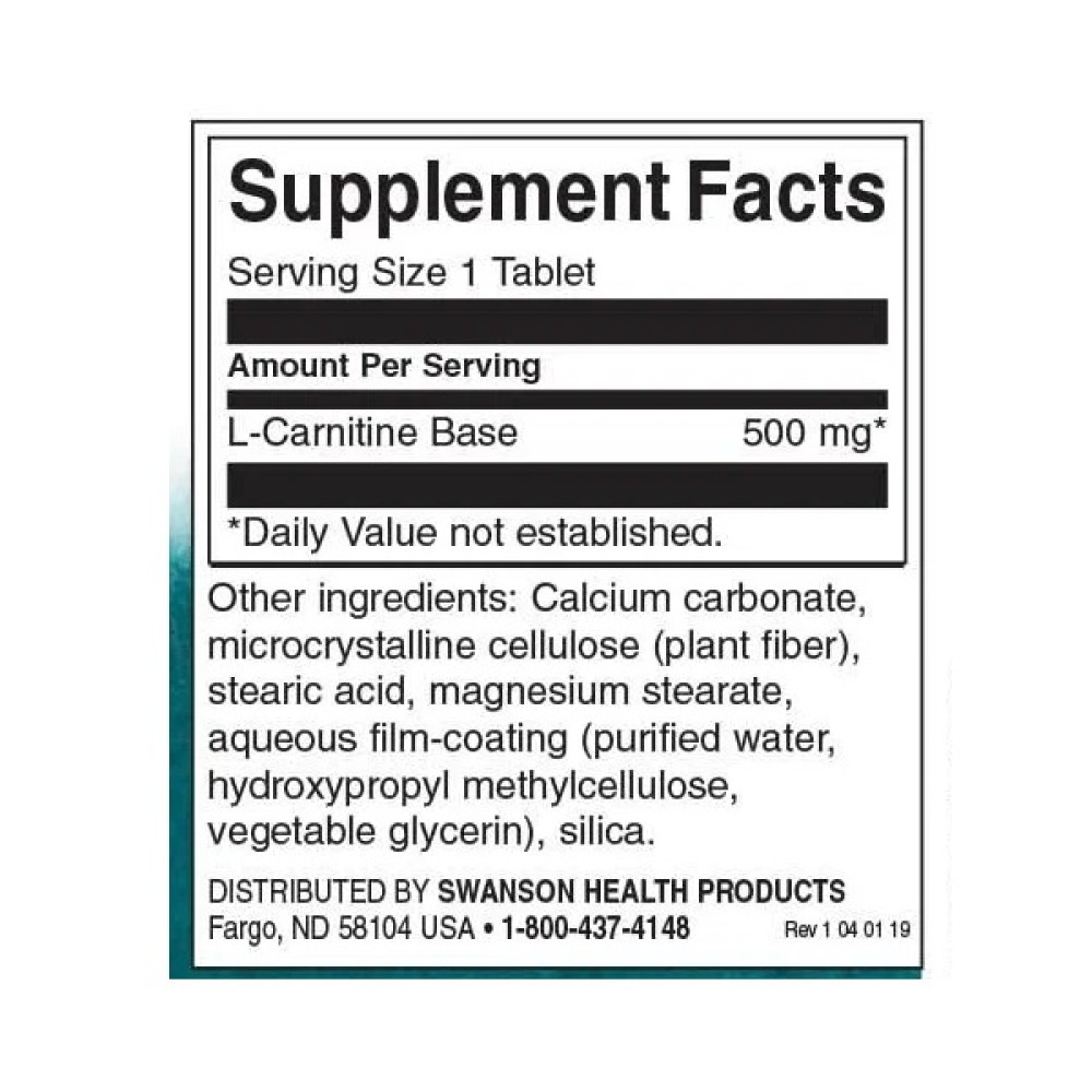 Карнітін Swanson L-Carnitine 500 mg 100 Tabs