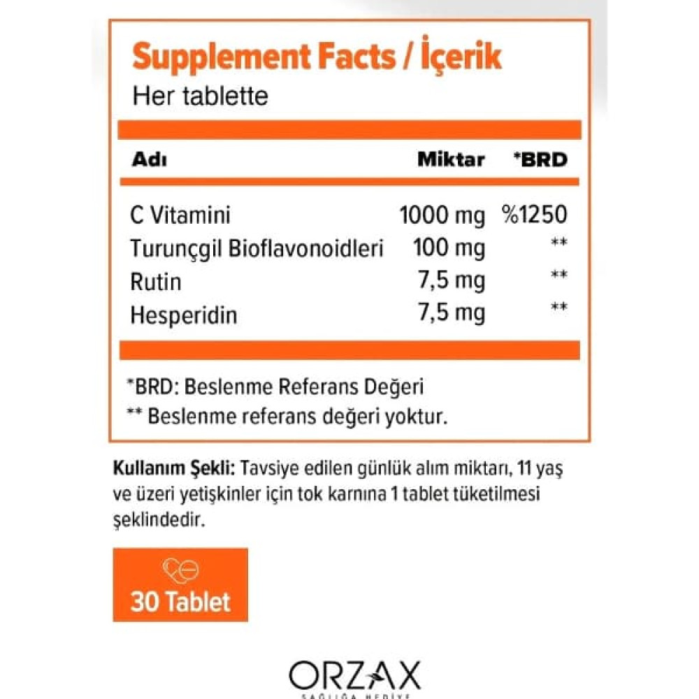 Вітамін C Orzax Ocean Vitamin C + Bioflavonoidler 1000 mg 30 Tabs