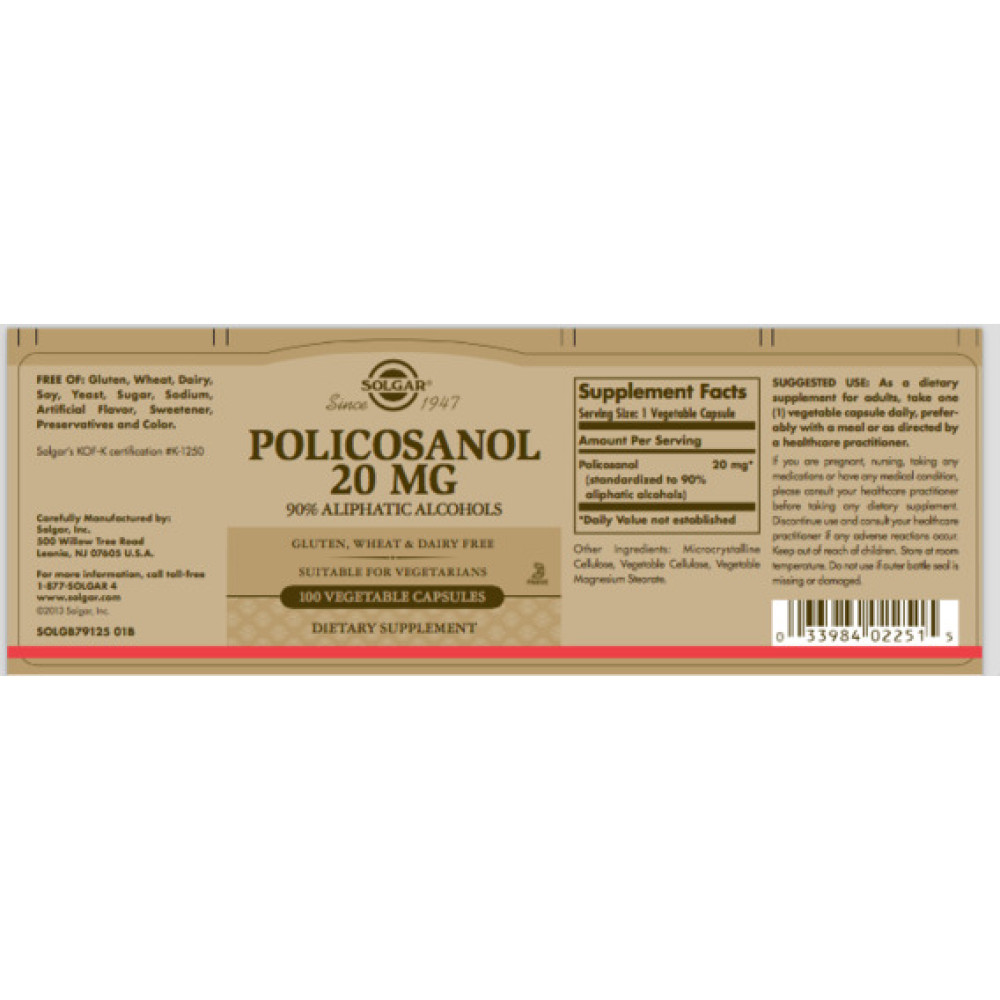 Комплекс для профілактики тиску та кровообігу Solgar Policosanol 20 mg 100 Veg Caps
