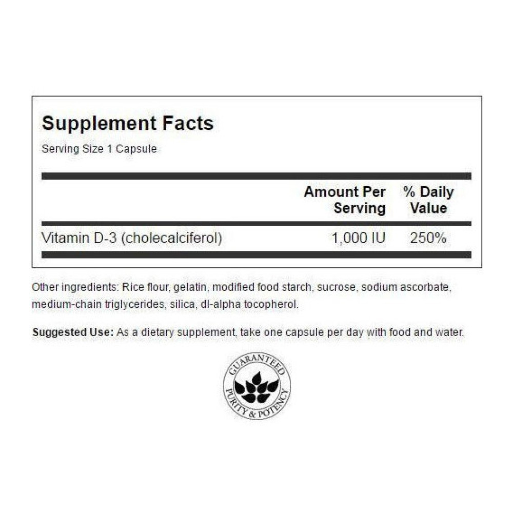 Вітамін D Swanson Vitamin D-3, Higher Potency, 1000 IU 25 mcg 250 Caps SWA-11030