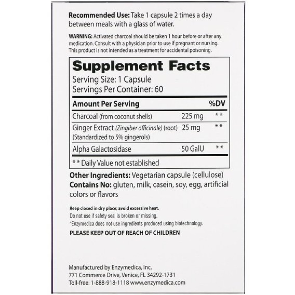Покращення роботи кишечника Enzymedica Purify, Activated Coconut Charcoal+ 60 Caps ENZ-10065