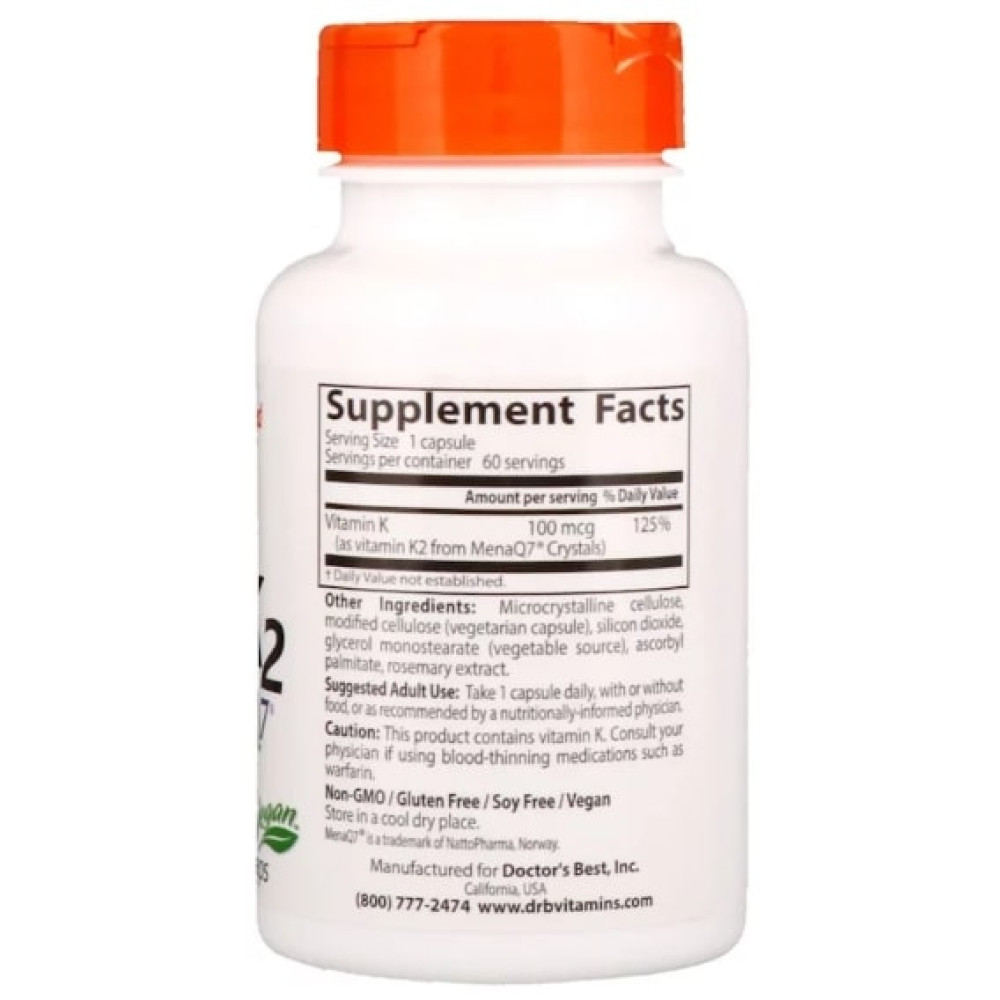 Вітамін K Doctor's Best Natural Vitamin K2 MK-7 with MenaQ7 100 mcg 60 Veg Caps DRB-00334
