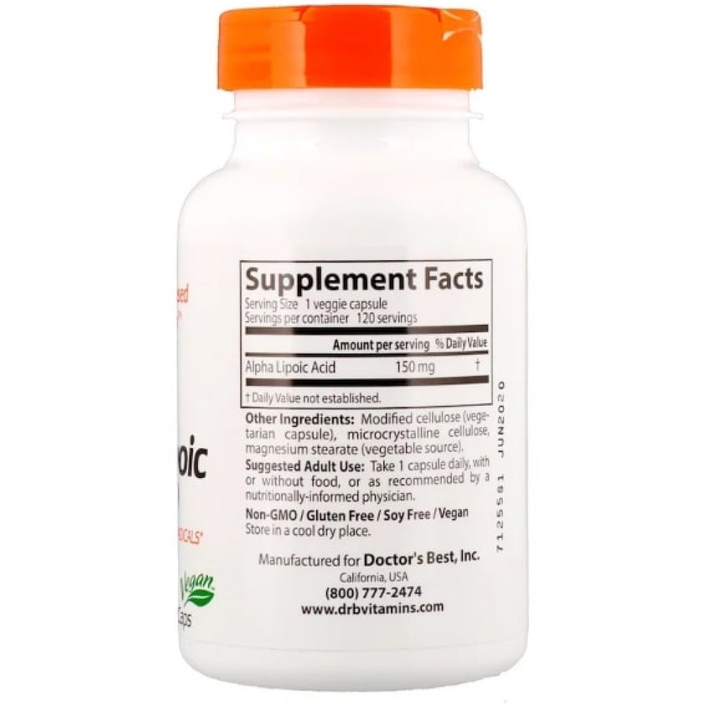 Альфа-ліпоєва кислота Doctor's Best Alpha-Lipoic Acid 150 mg 120 Veg Caps DRB-00104
